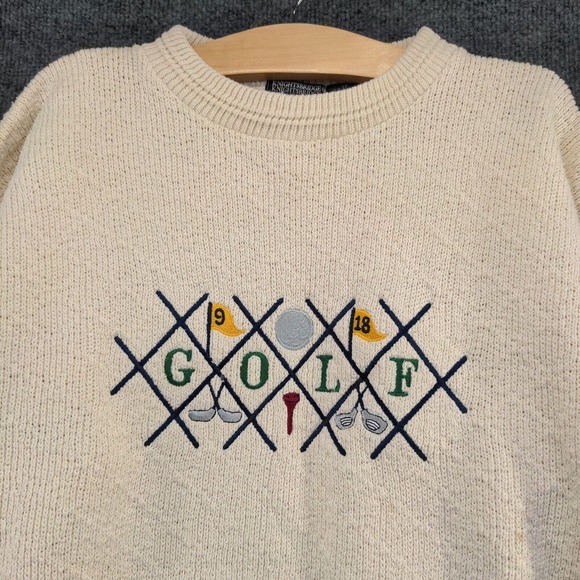 Knights Bridge Men's Spell Out Golf Sweater Cream Medium Embroidered Pullover - Picture 3 of 14
